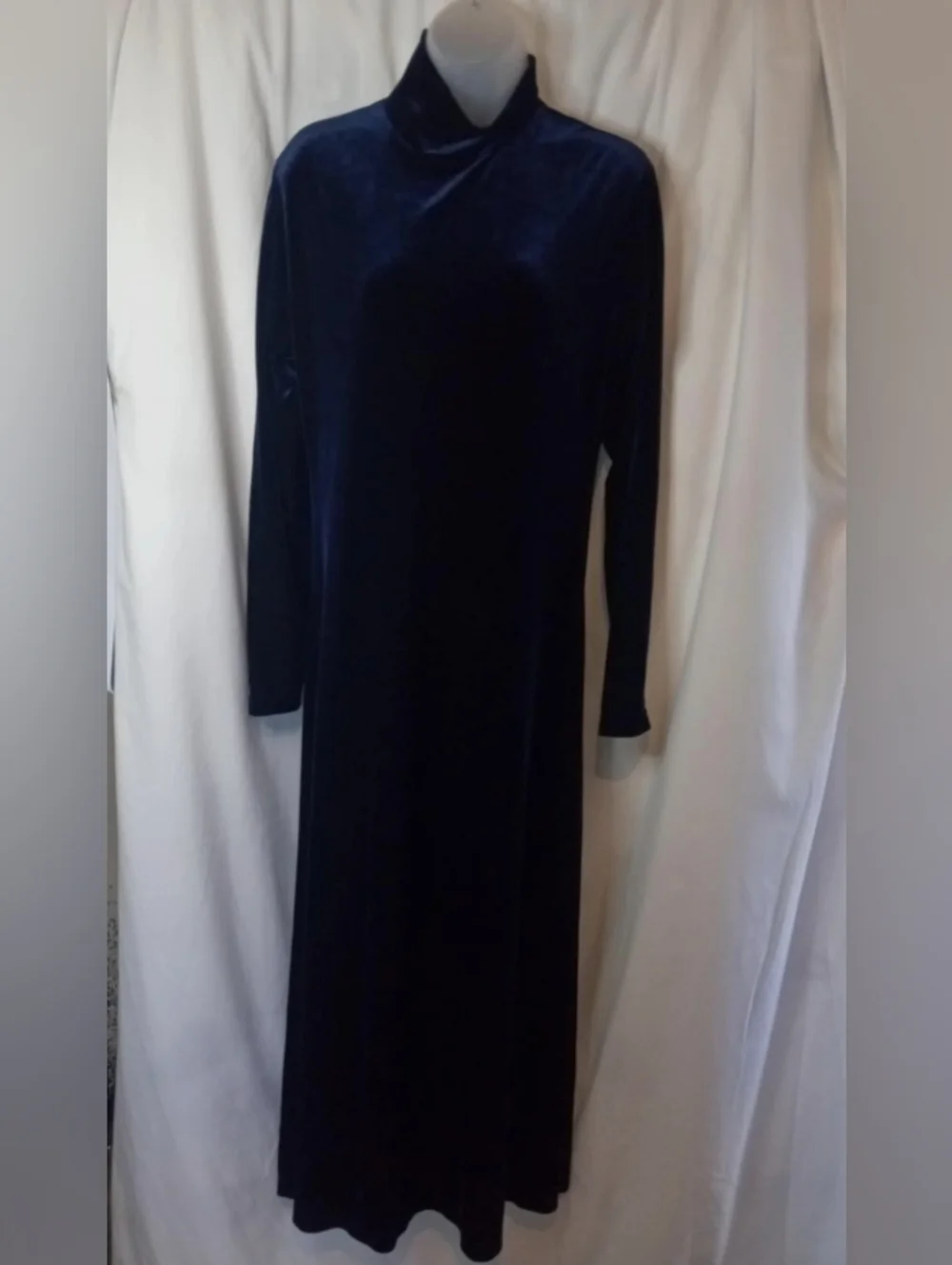 Valerie Stevens Sport Vintage Blue Velvet Long-Sleeve Maxi Dress Mock Turtleneck - Picture 2 of 6